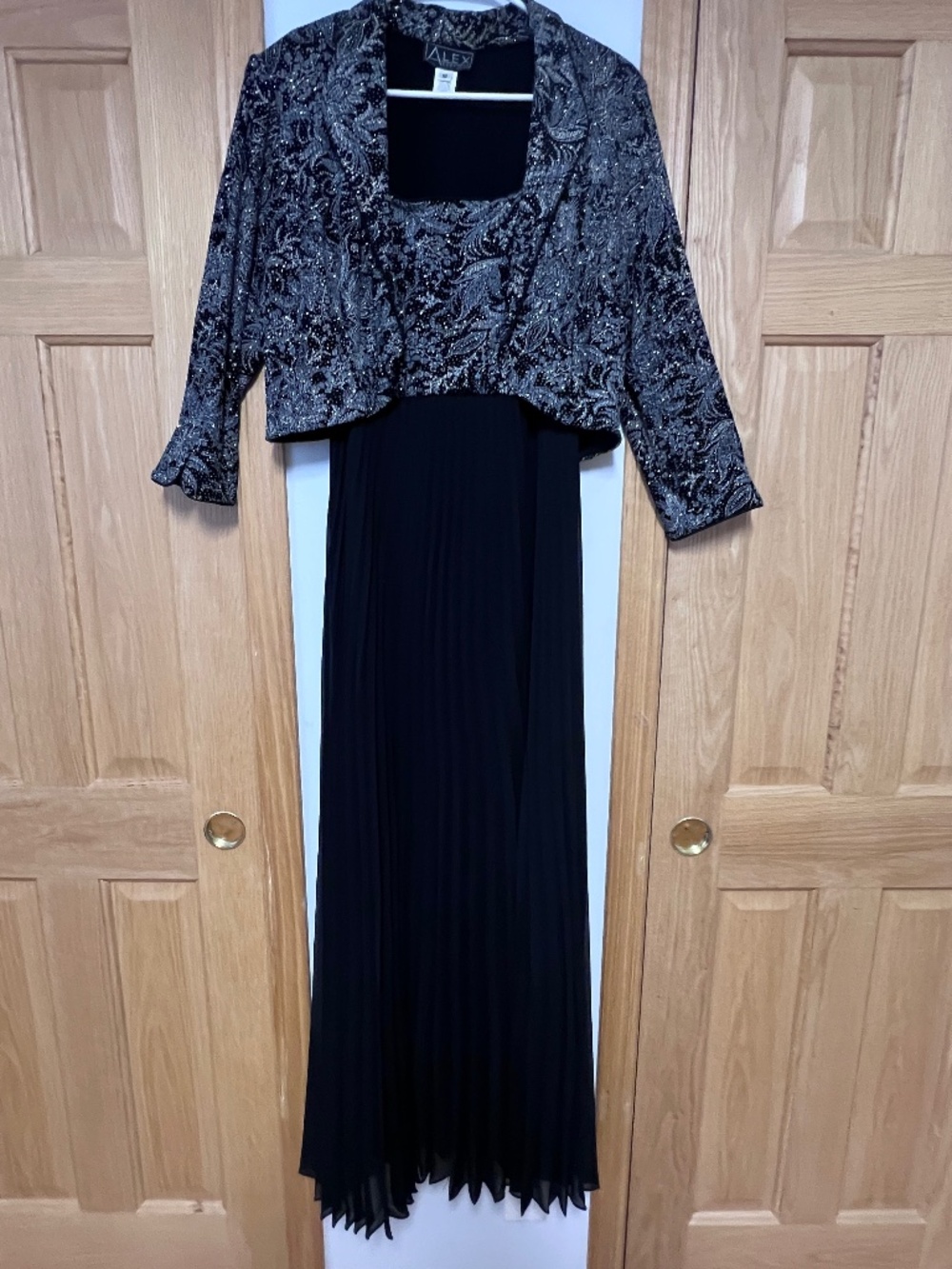 Alex Evenings Black Dress with Silver-Patterned Jacket